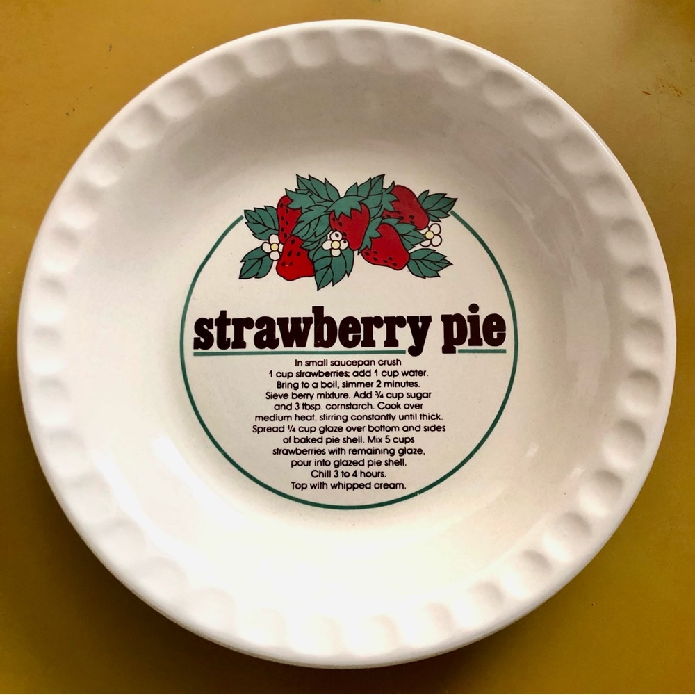 **SOLD**Vintage Strawberry Pie Dish with Recipe printed. 10inch